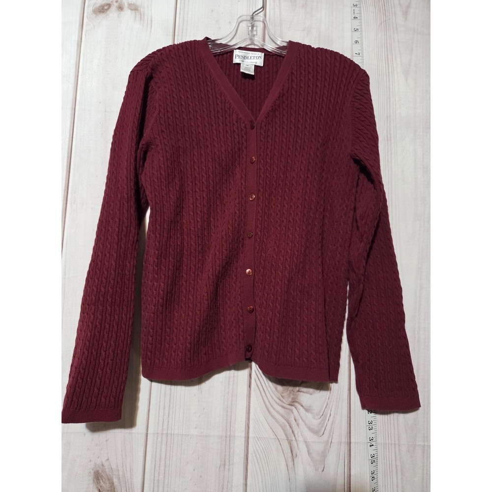 Pendleton Sweater Womens Medium Burgundy Red Cable Knit Cardigan Button V‎ Neck